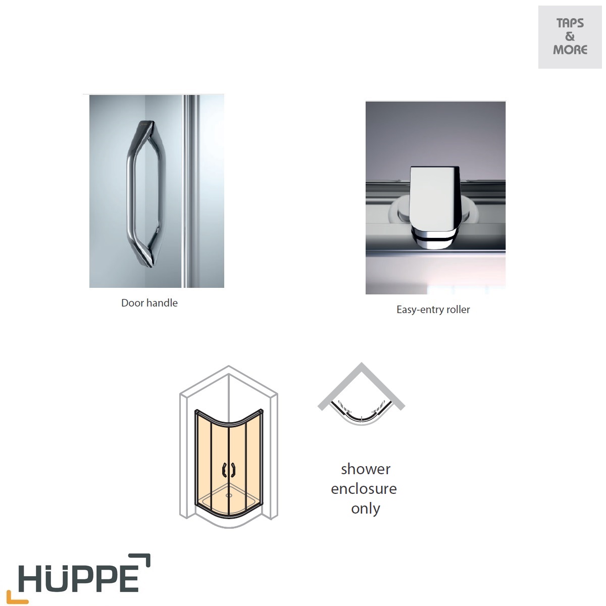 TAPS & MORE Dubai|HUPPE Quadrant corner entry sliding shower enclosure (only)Size : 1000 x 1000 x 1900 mm (R500)6 mm Clear Tempered – Door4 mm Clear Tempered – Panel – X1