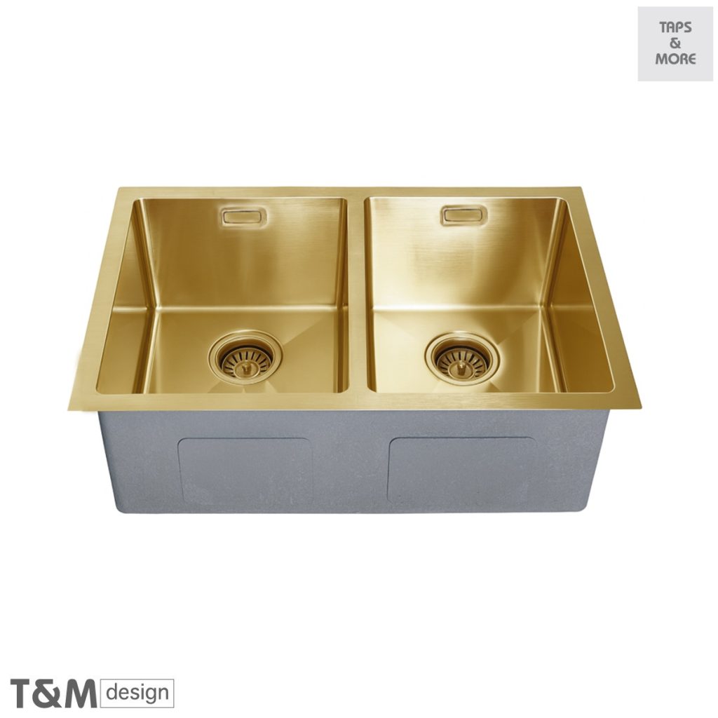 T&M DESIGN Inset / Flushmount / Undermount Kitchen sink 2 bowl with two 3 ½” basket strainer and waste fittings, with 2 Overflow holes Size : 838 x 457 x 230 mm – Dano-R2