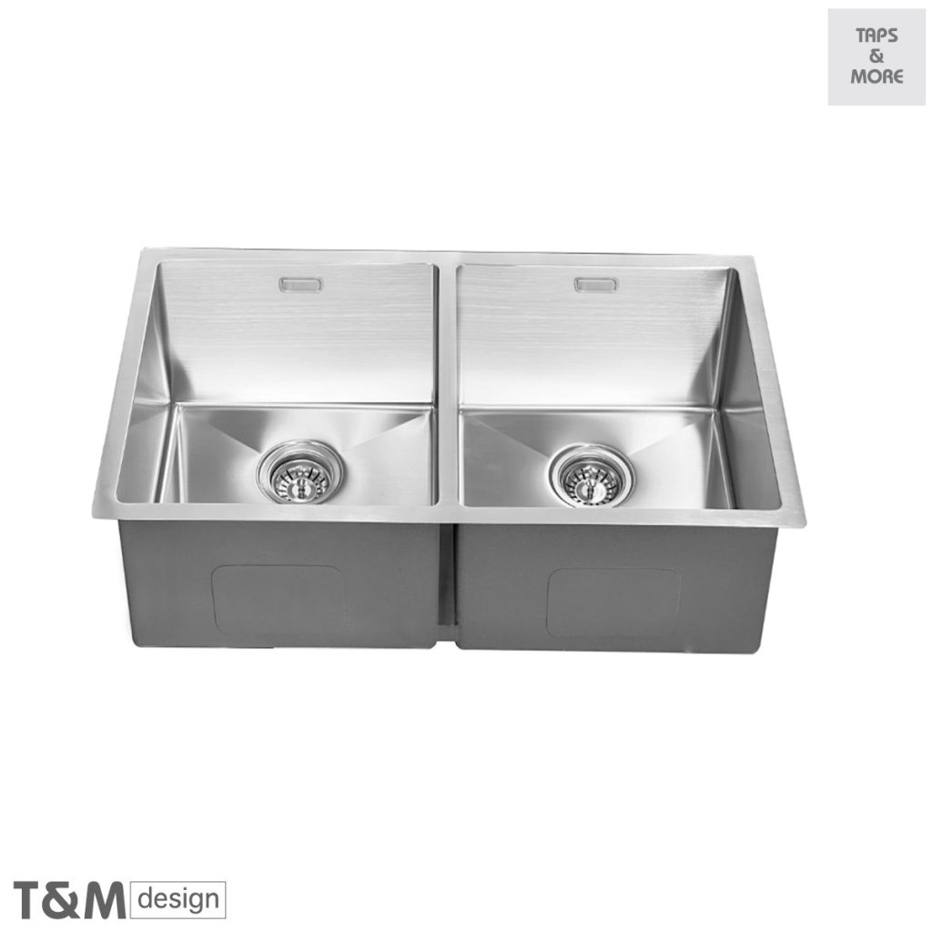 T&M DESIGN Inset / Flushmount / Undermount Kitchen sink 2 bowl with two 3 ½” basket strainer and waste fittings, with 2 Overflow holes Size : 838 x 457 x 230 mm – Dano-R2