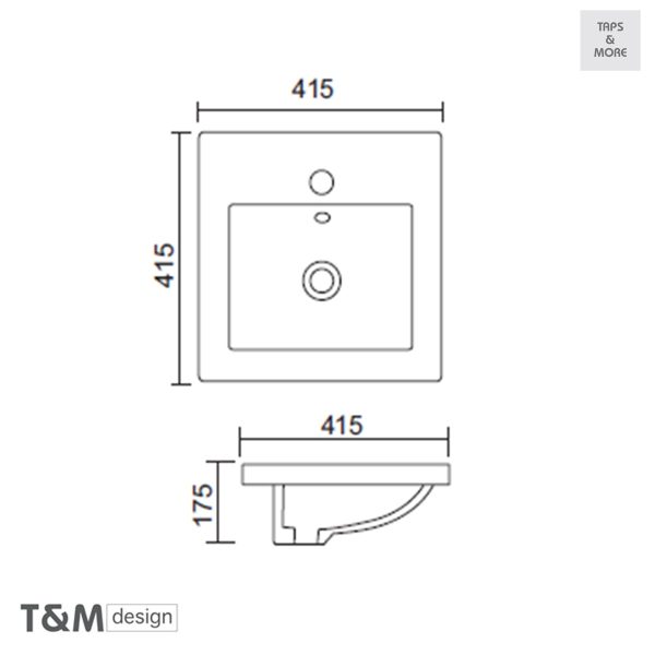 TAPS & MORE Dubai|T&M DESIGN Countertop washbasin with taphole, with overflow hole Size : 415 x 415 x 175 mm – Noble