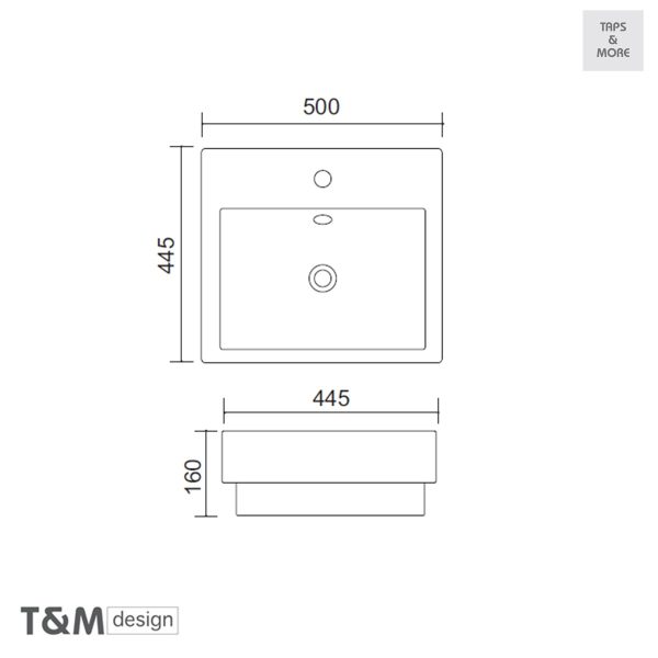 TAPS & MORE Dubai|T&M DESIGN Countertop washbasinwith taphole, with overflow holeSize : 500 x 445 x 160 mm – Slide