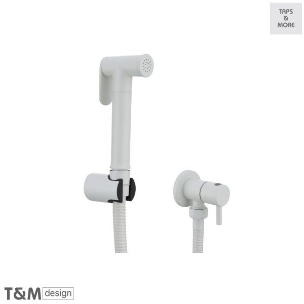 T&M DESIGN Round Shattaf / Bidet Spray Shower Set, soft white trigger • Stainless Steel soft white double lock hose 120 cm • Round soft white angle valve ½ x ½ • Round soft white wall bracket - Vogue