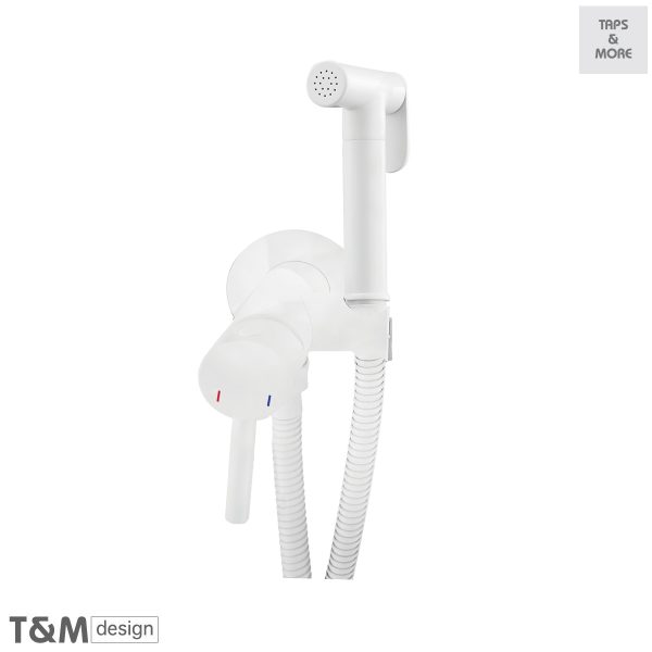 T&M DESIGN Round Shattaf / Bidet Spray Shower Set, soft white trigger • Stainless Steel soft white double lock hose 120 cm • Round soft white concealed mixer with side bracket - Vogue
