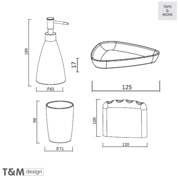 TAPS & MORE Dubai|T&M DESIGN Ceramic bathroom accessories set consisting of liquid soap dispenser, three tumblers & soap dish – SHELL