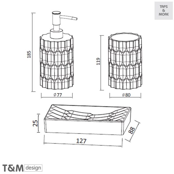 TAPS & MORE Dubai|T&M DESIGN Ceramic bathroom accessories set consisting of liquid soap dispenser, two tumblers & soap dish – STEEL